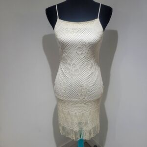 Women's Floral Lace Sparkly Fringed Mini Dress XS Cream Boho Fairycore Festival